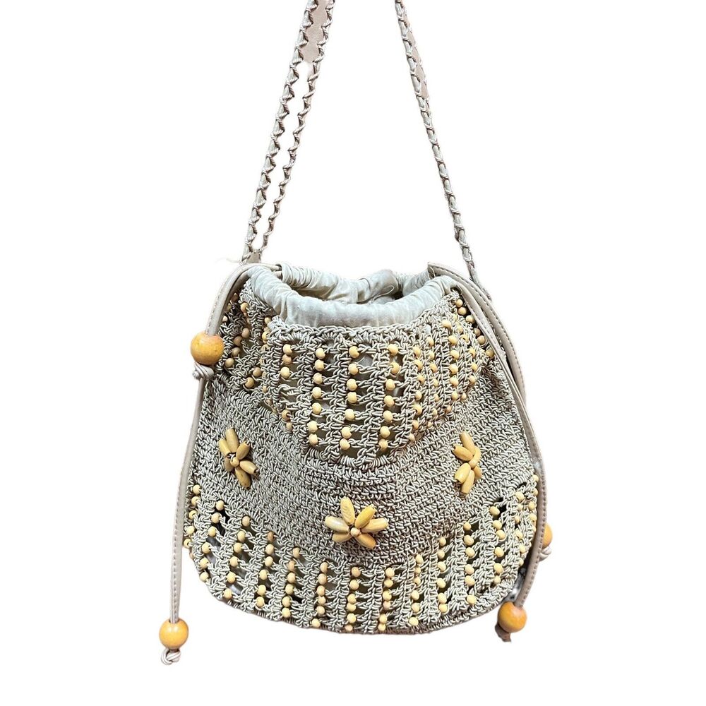 Bag Purse Boho Macrame Crochet Woven Beaded Accents y2k Festival Beachy Tan